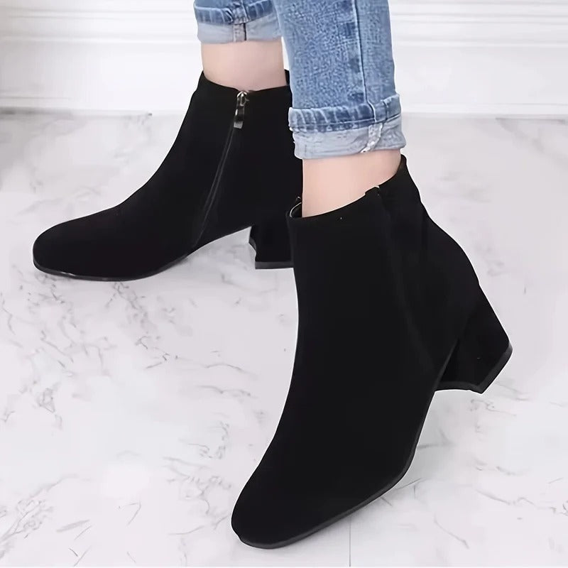 Women's Suede Block Heel Ankle Boots with Side Zip Fastening