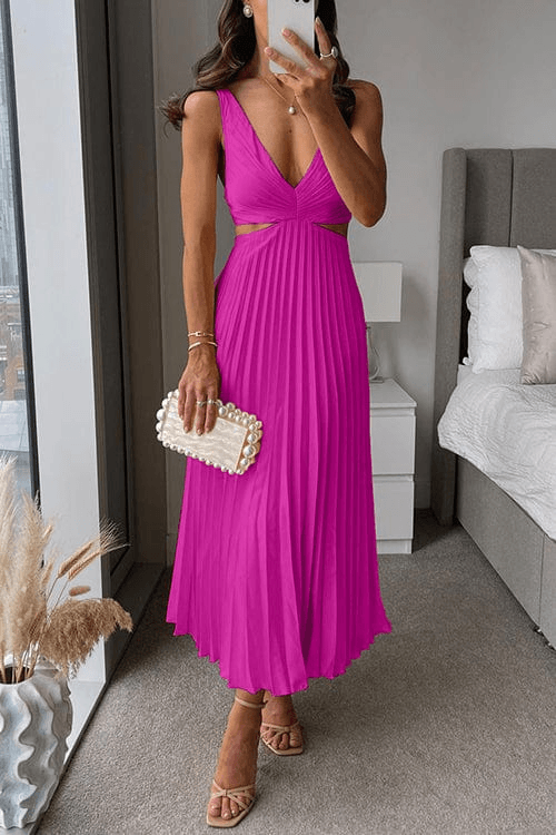 Sanne Pleated Satin Cutout Midi Dress for Women with V-Neck