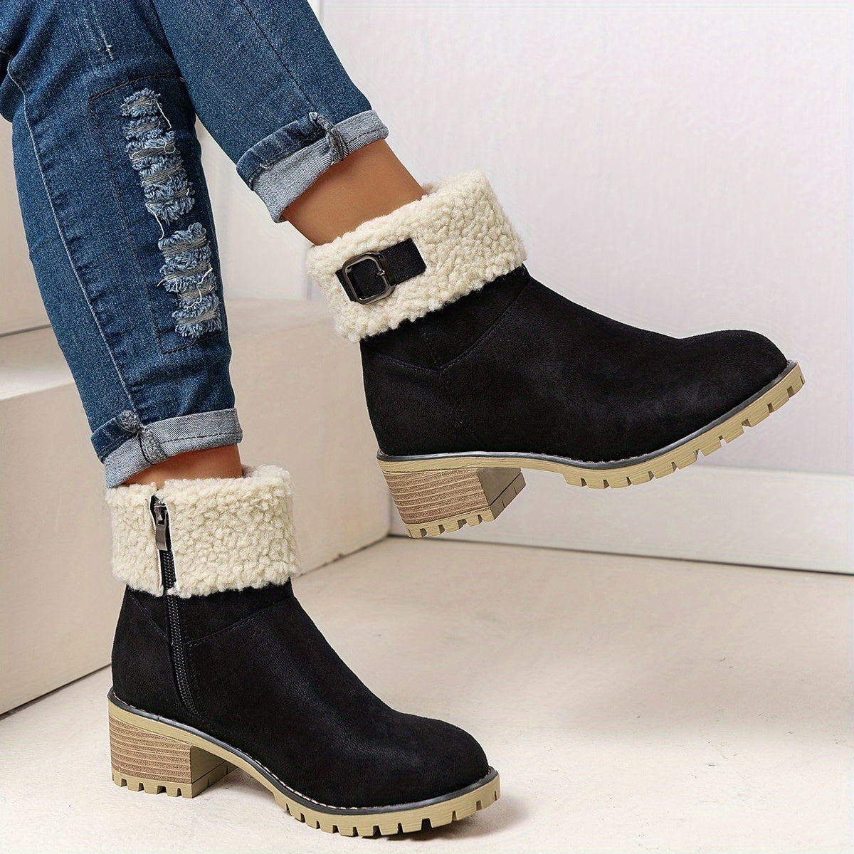 Women's Faux Suede Ankle Boots with Shearling Cuff and Block Heel