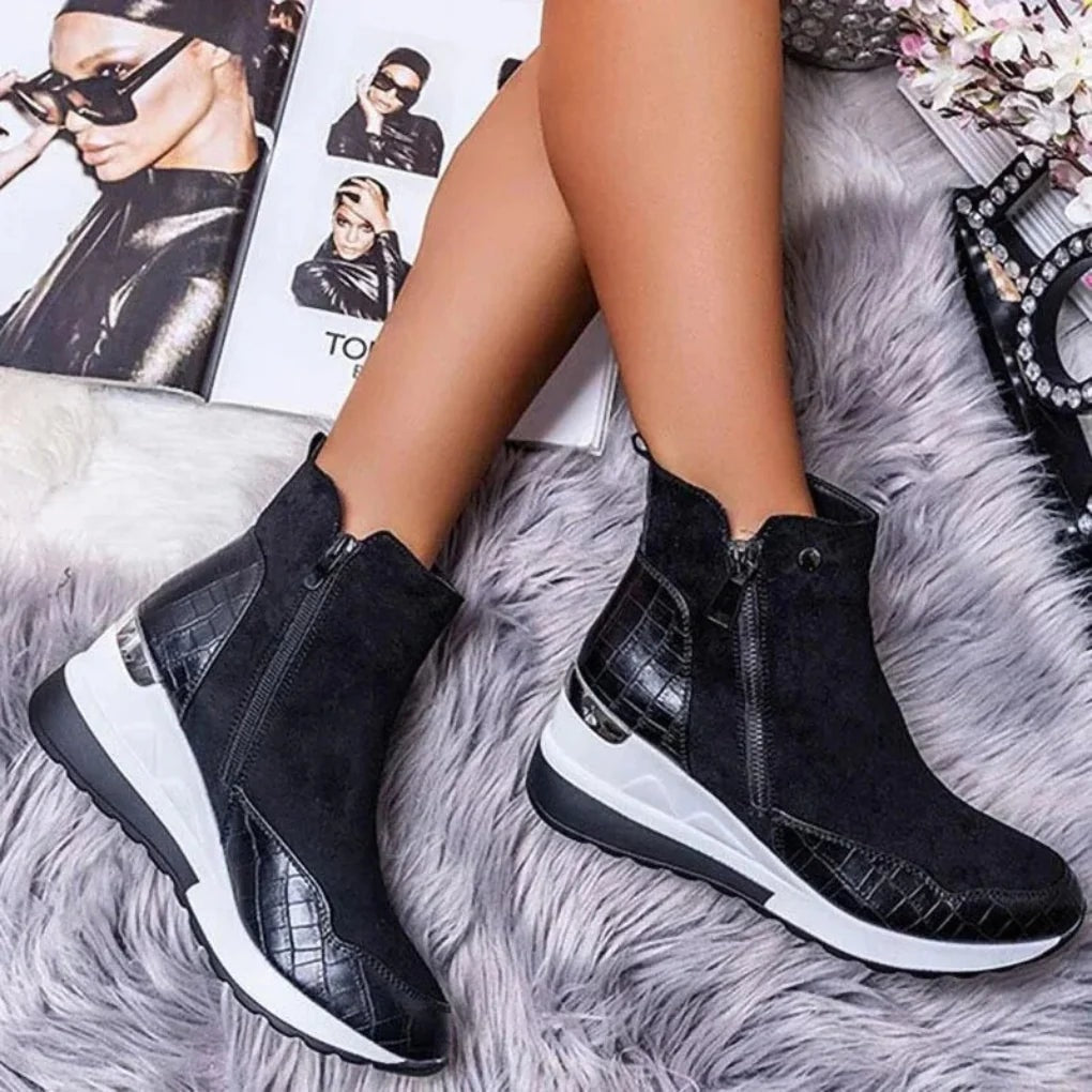 Women's Water-Resistant Wedge Ankle Boots with Croc-Embossed Panels