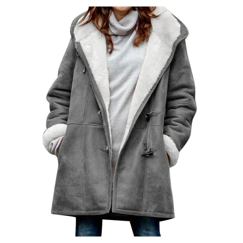 Women's Faux Shearling Hooded Toggle Winter Duffle Coat with Insulated Lining