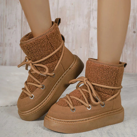 Womens Faux Shearling Ankle Lace Up Winter Boots Platform Sole