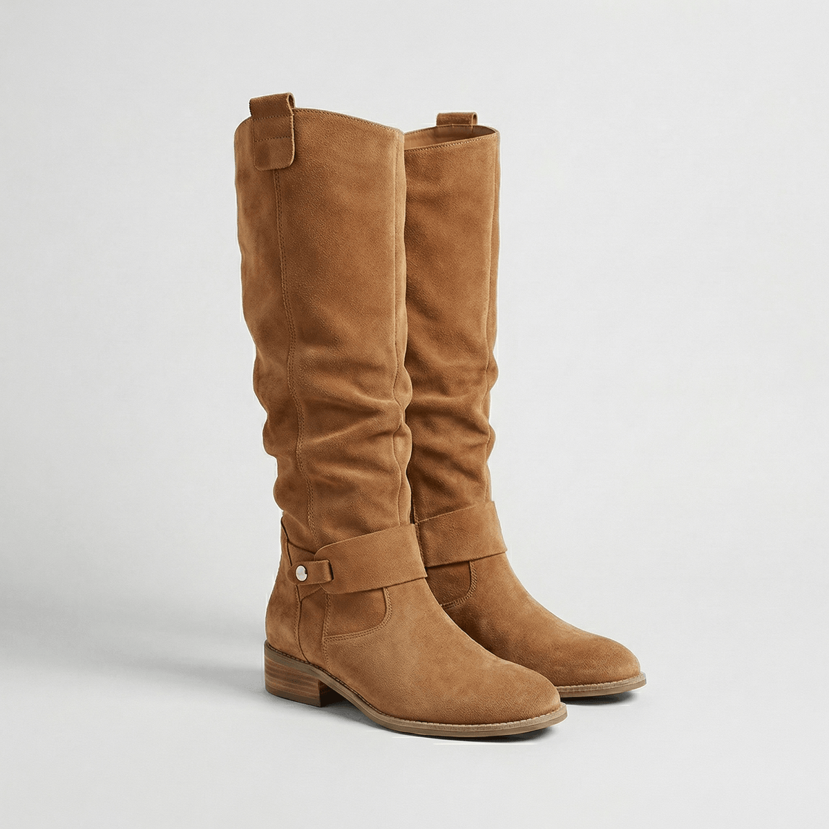 Women's Knee-High Suede Boots with Buckle Strap Detail