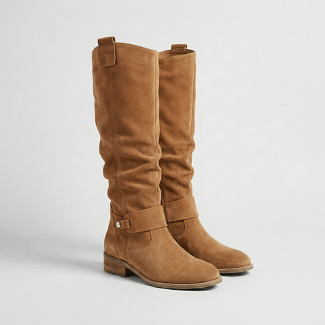 Women's Knee-High Suede Boots with Buckle Strap Detail