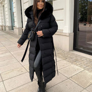 Belted Faux Fur Hood Long Puffer Winter Coats for Women
