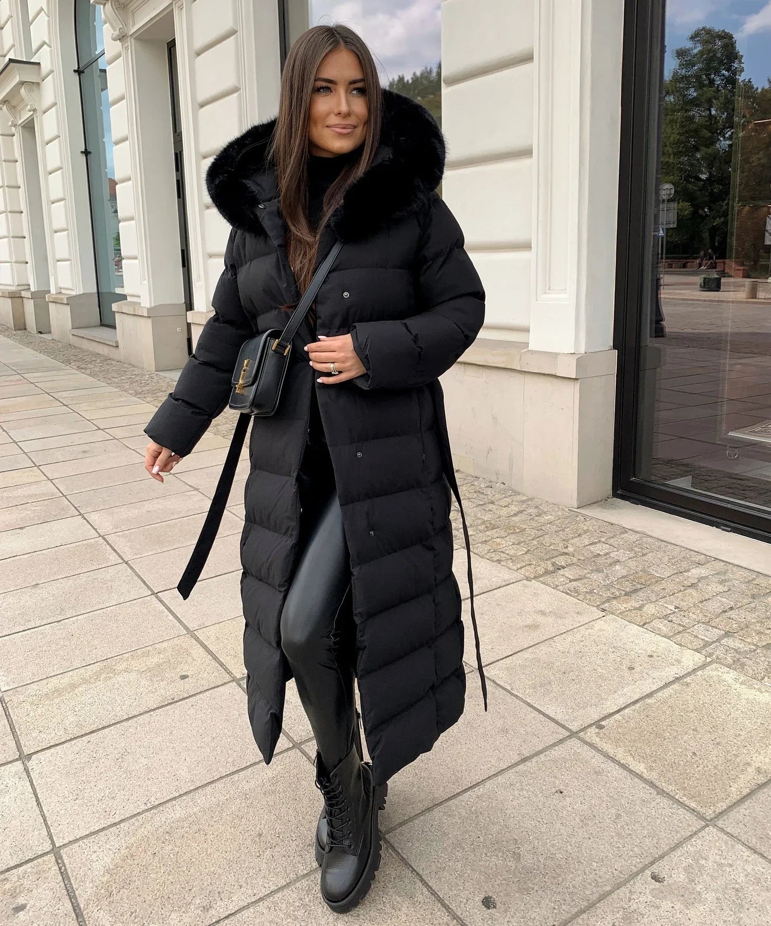 Belted Faux Fur Hood Long Puffer Winter Coats for Women