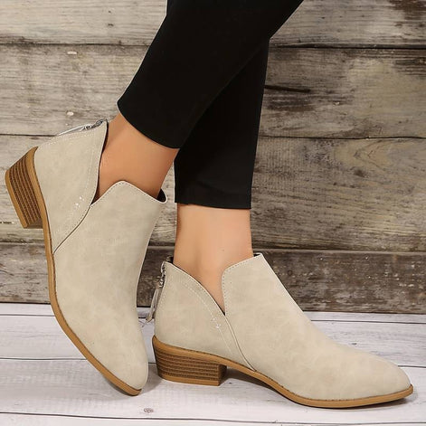 Ankle Low Heel Slip On Womens Boots with Back Zip Detail