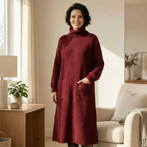 Women's Relaxed Turtleneck Knitted Jumper Dress with Pockets