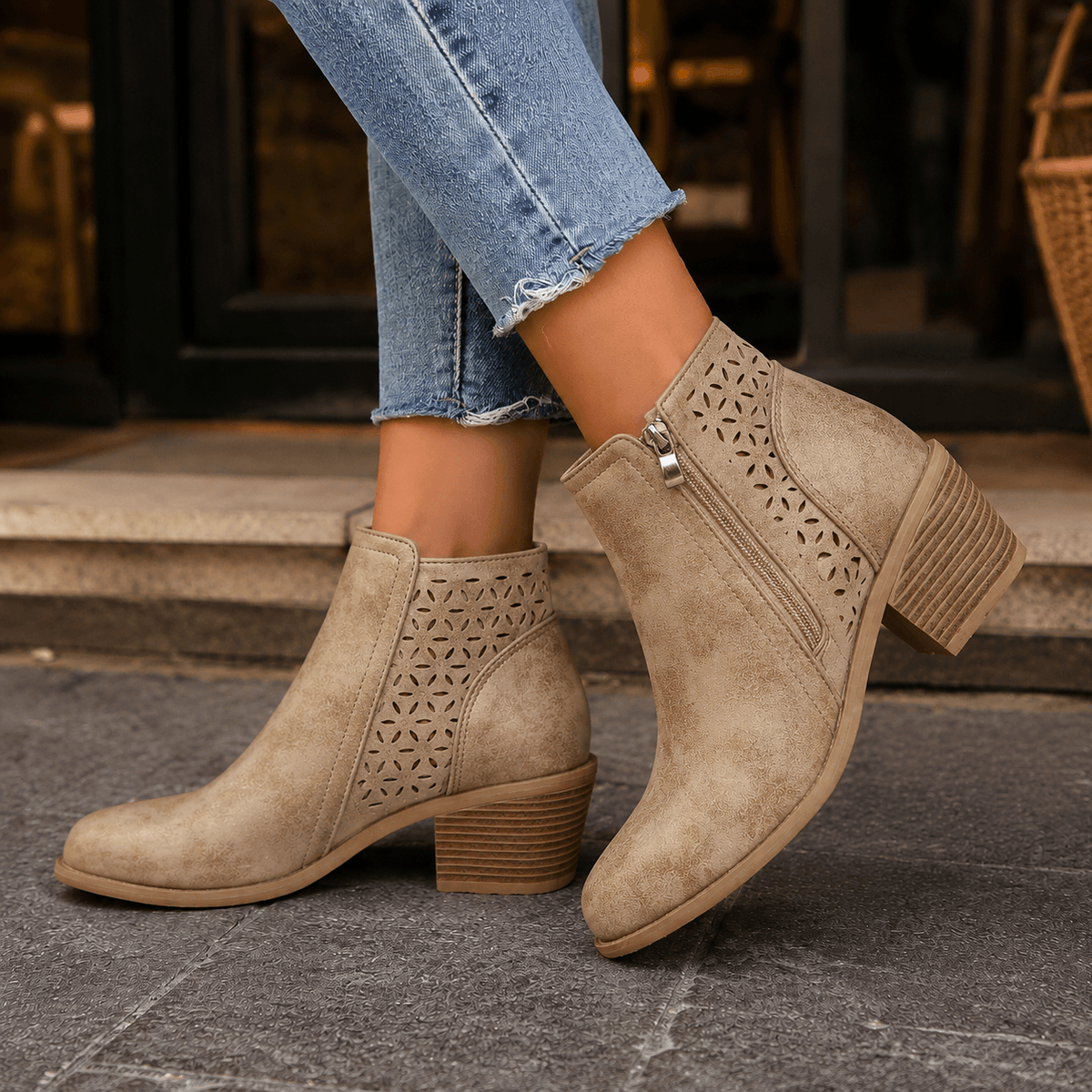 Women's Cutout Suede Ankle Boots with Block Heel
