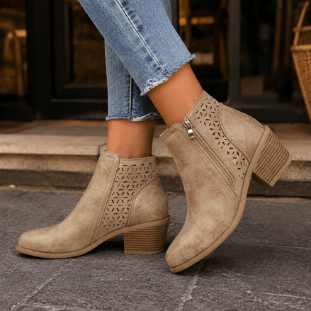 Women's Cutout Suede Ankle Boots with Block Heel