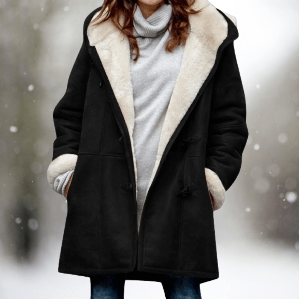 Fiona Women's Hooded Winter Coat with Faux Shearling Collar and Faux Fur Trim