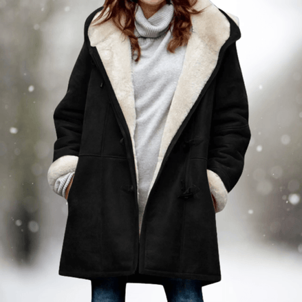 Fiona Women's Hooded Winter Coat with Faux Shearling Collar and Faux Fur Trim