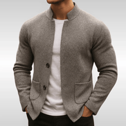 Men's Collarless Knitted Blazer Jumper with Patch Pockets