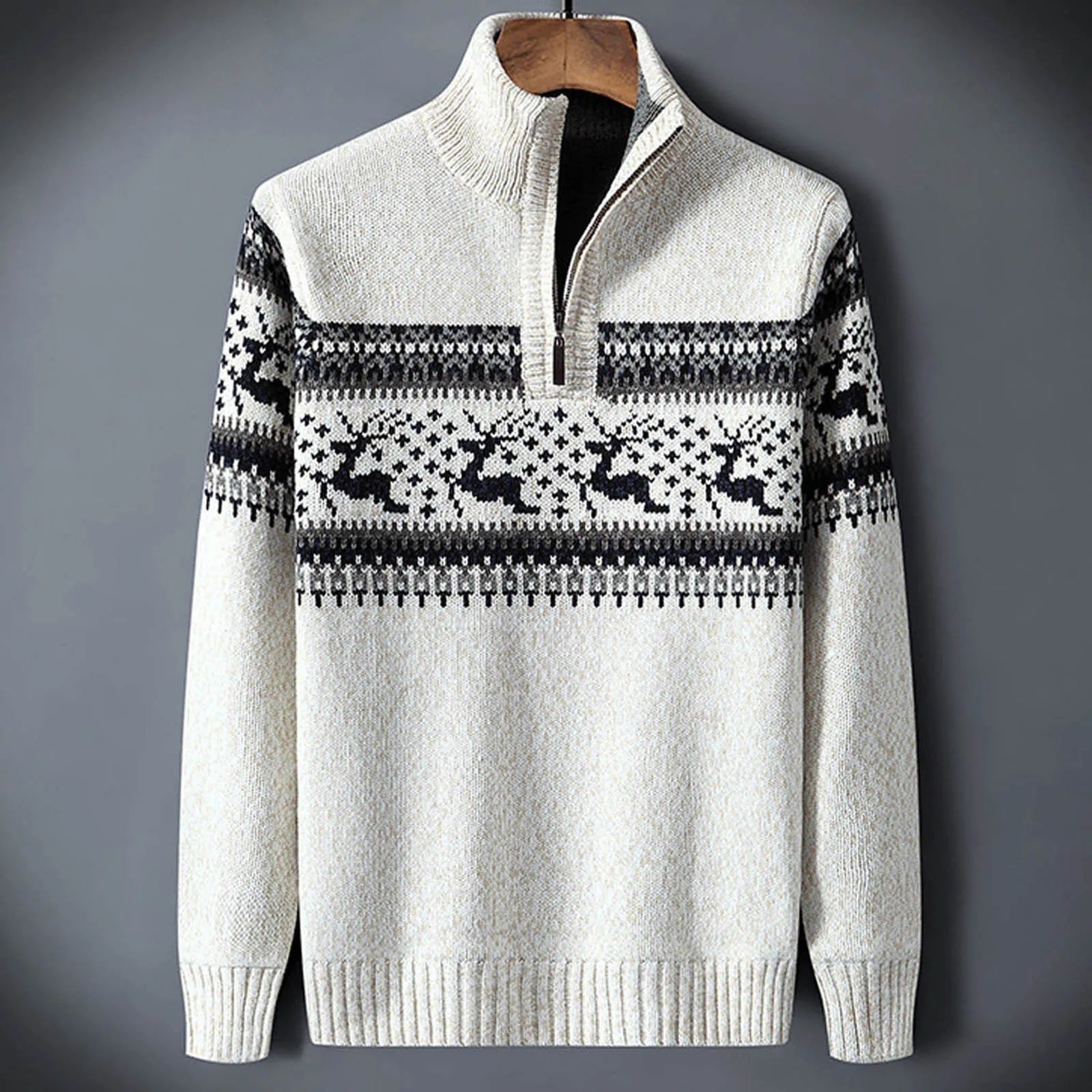 Reindeer Fair Isle Quarter Zip Acrylic Knit Mens Knit Sweater