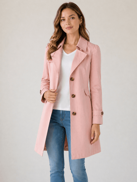 Women's Short Tailored Trench Coat with Button-Up Front and Belted Waist