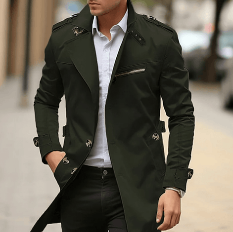Men's Double-Breasted Long Trench Coat With Epaulette Detail Mens Coats