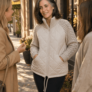 Women's Quilted Puffer Jacket with Knit Panel Trim at Waist and Cuffs