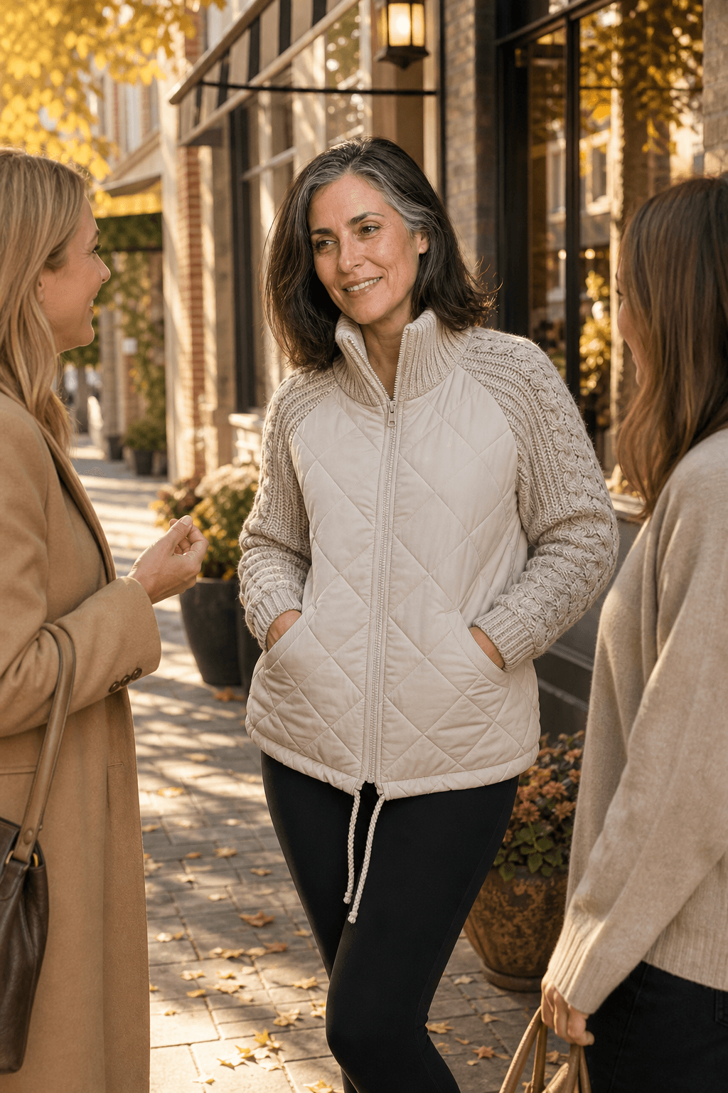 Women's Quilted Puffer Jacket with Knit Panel Trim at Waist and Cuffs