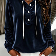 Women's Long-Sleeve Velvet Hoodie with Button Placket and Drawstring