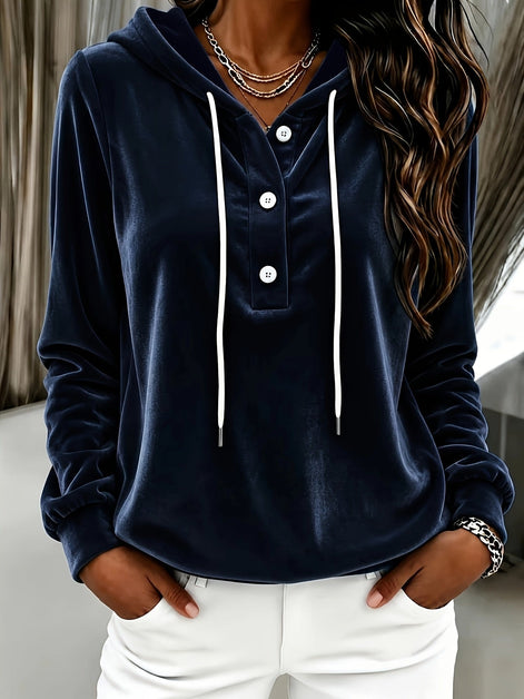 Women's Long-Sleeve Velvet Hoodie with Button Placket and Drawstring