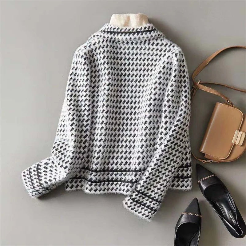 Houndstooth Tweed Knit Jacket for Women's Tailored Wardrobe