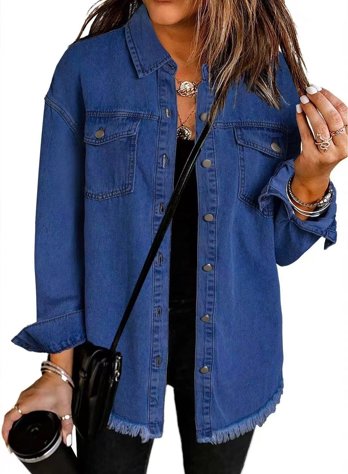 Wilda Women's Oversized Denim Shirt Coat with Frayed Hem