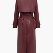 Long Belted Faux Leather Trench Winter Coats Women Solid