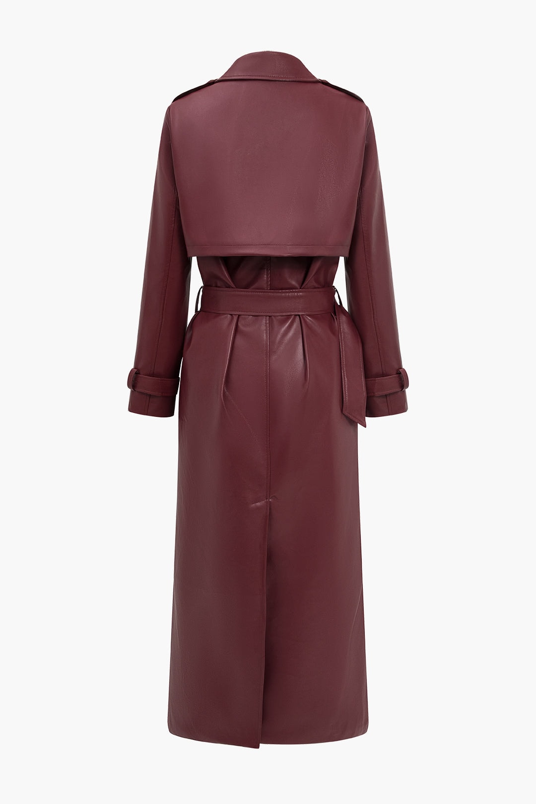 Long Belted Faux Leather Trench Winter Coats Women Solid