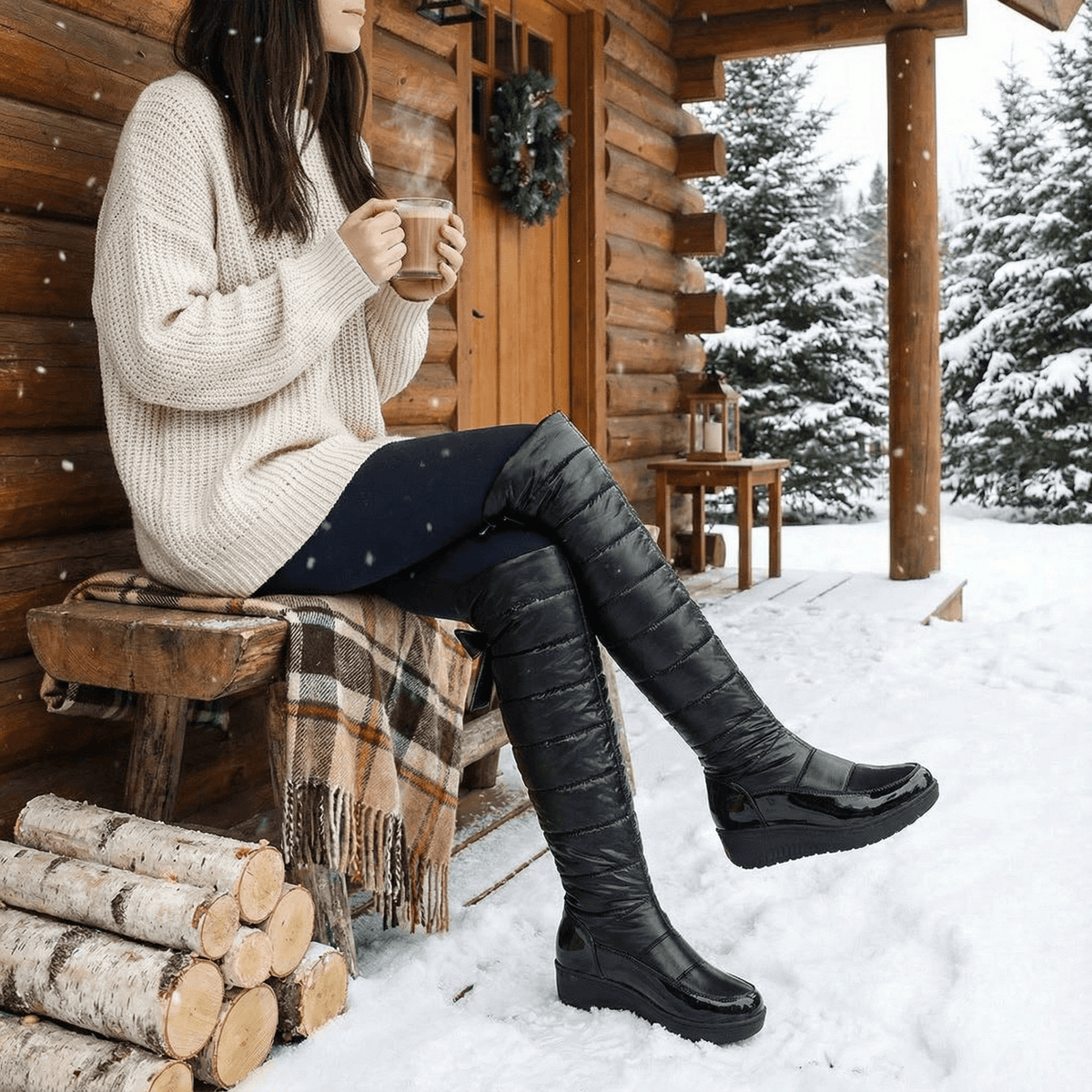 Velura Women's Black Fleece-Lined Quilted Puffer Over-the-Knee Boots with Bow Detail