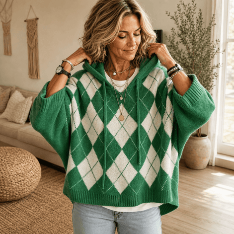 Women's Hooded Argyle Batwing Poncho Knit Jumper