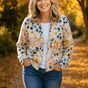 Women's Botanical Print Zip-Up Knit Bomber Cardigan