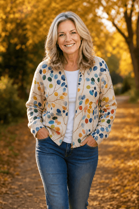 Women's Botanical Print Zip-Up Knit Bomber Cardigan