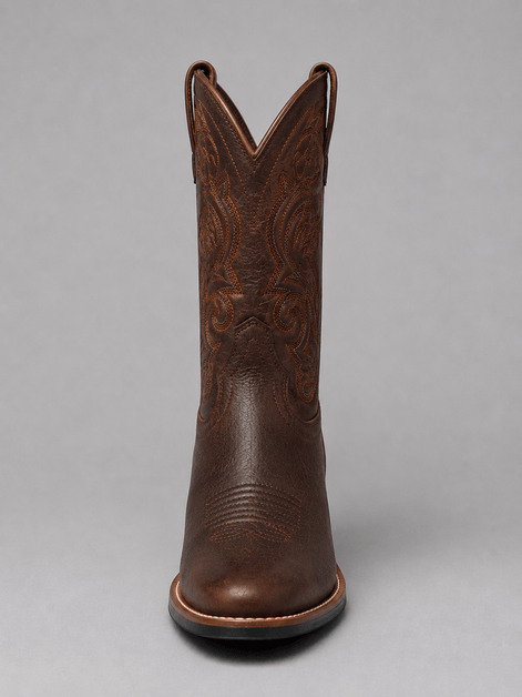 Women's Brown Embroidered Leather Cowboy Boots with Block Heel