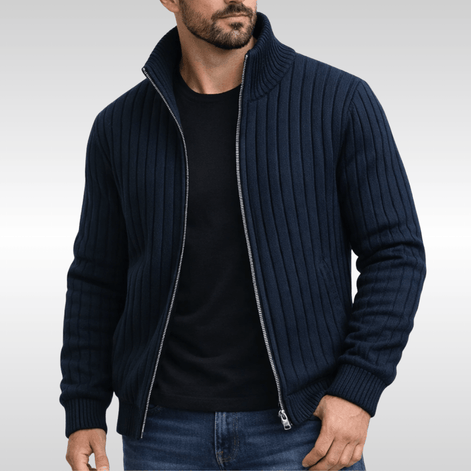 Men's Ribbed Knit Full-Zip Cardigan with Stand Collar