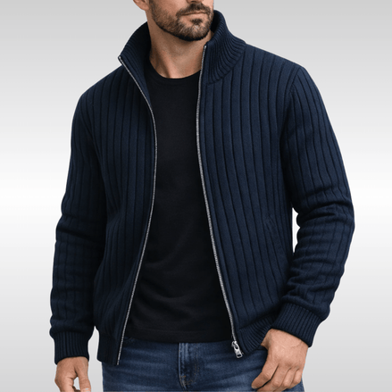 Men's Ribbed Knit Full-Zip Cardigan with Stand Collar