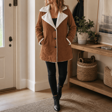 Sherpa-Lined Lapel Jacket with Suede-Finish Cotton Blend