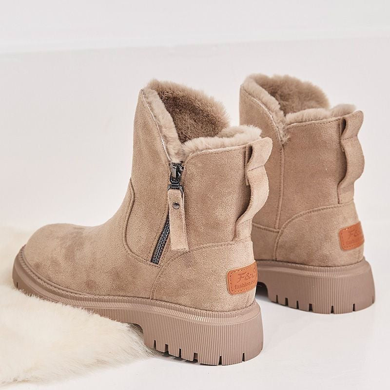 Faux Fur Lined Leather-Look Ankle Winter Boots with Zip Lug Sole