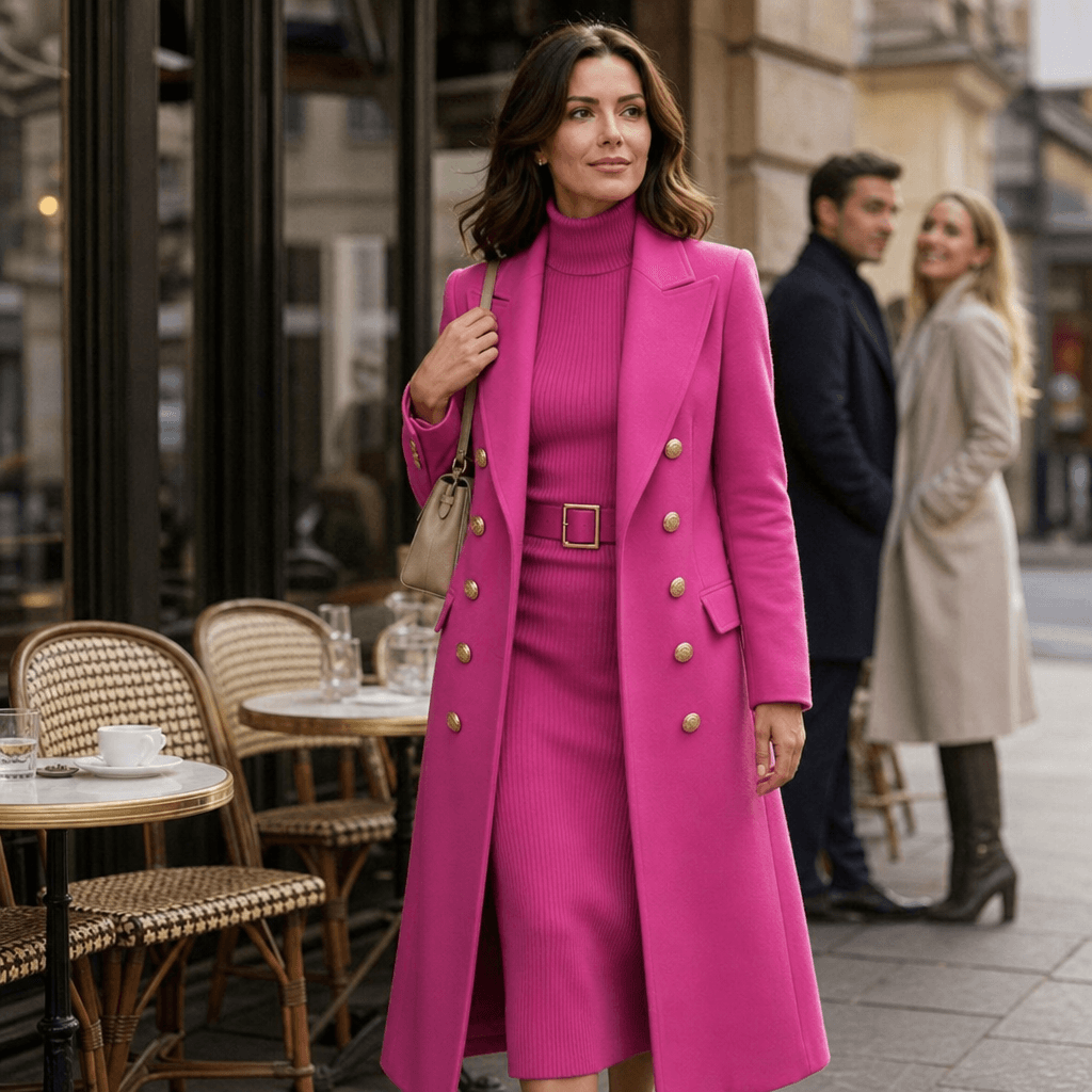 Women's Double-Breasted Wool-Look Winter Coat with Gold Buttons