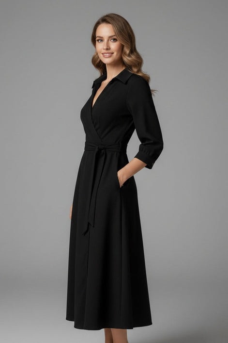 Long Sleeve Wrap Midi Dress in Polyester Blend for Christmas Party Occasions
