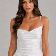 Draped Satin Ruched-Waist Women's Midi Dress with Side Split