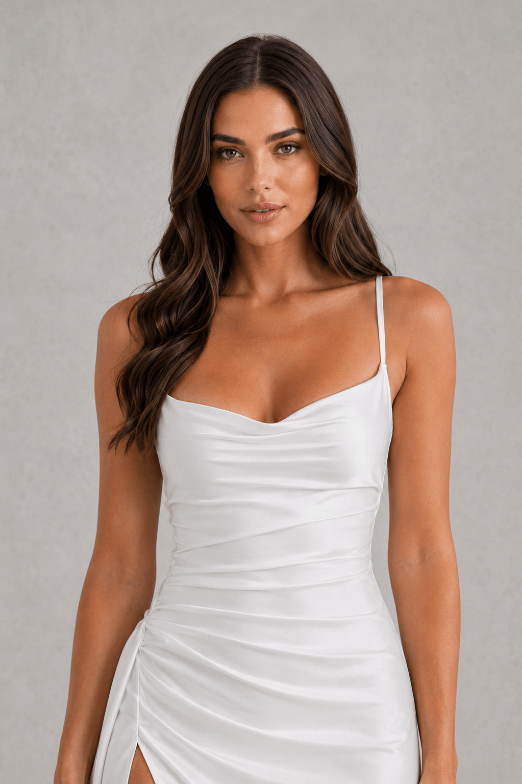 Draped Satin Ruched-Waist Women's Midi Dress with Side Split