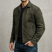 Men's Distressed Leather Jacket with Zip Closure