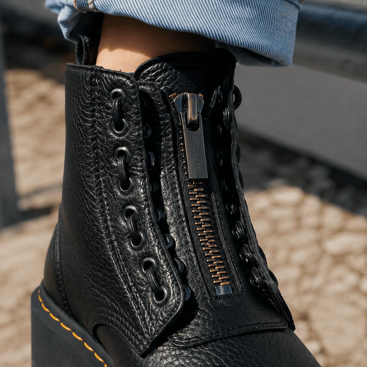 Women's Black Chunky Platform Ankle Boots with Front Zip and Lace-Panel Detailing