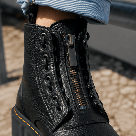 Women's Black Chunky Platform Ankle Boots with Front Zip and Lace-Panel Detailing