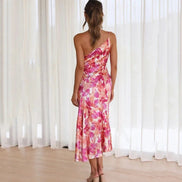 One Shoulder Floral Satin Midi Christmas Party Dress in Pink