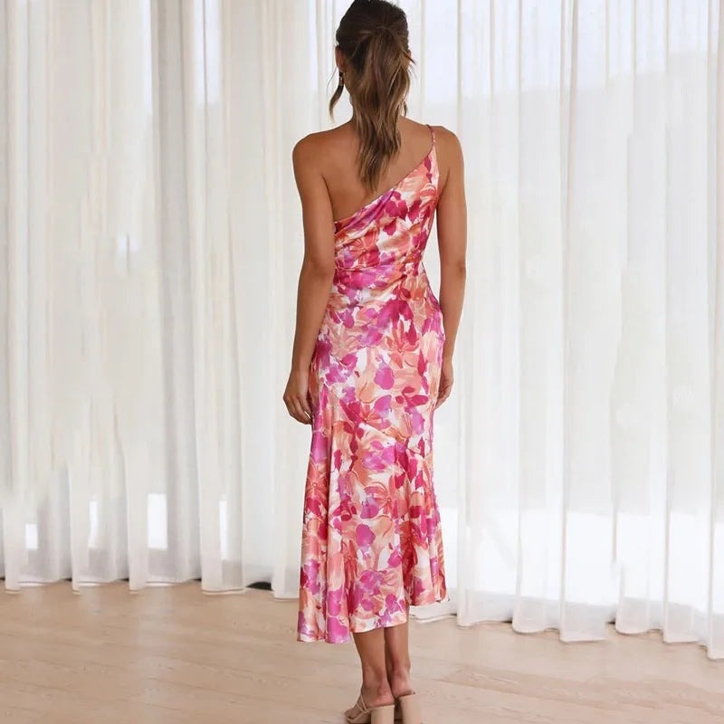 One Shoulder Floral Satin Midi Christmas Party Dress in Pink
