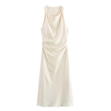 Satin Cowl Neck Midi Christmas Dress with Solid Pattern