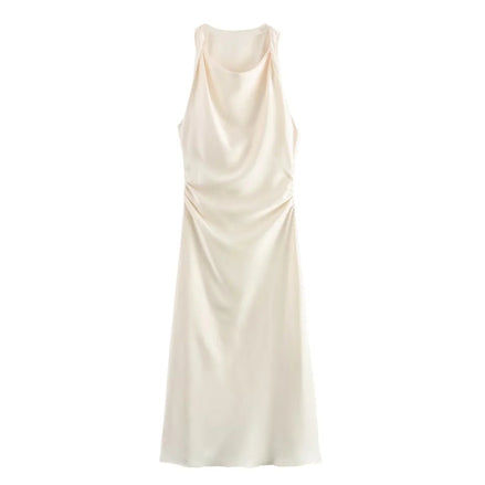 Satin Cowl Neck Midi Christmas Dress with Solid Pattern