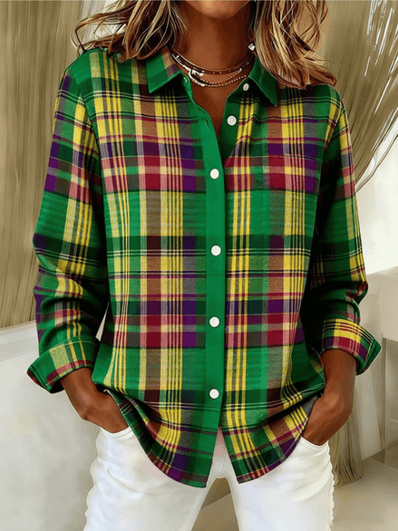Esmeralda Plaid Cotton Blend Button-Up Blouse with Long Sleeves for Women