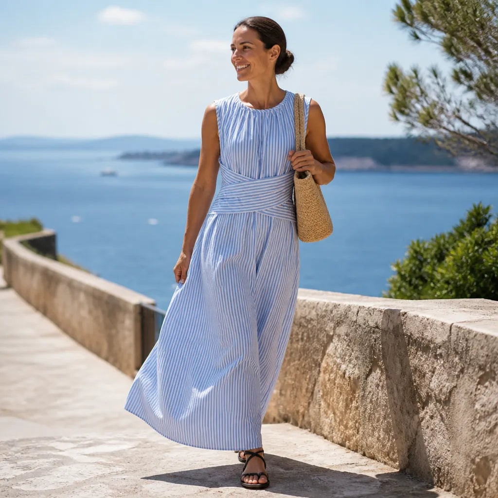 Women's Wrap-Waist Striped Sleeveless Maxi Dress